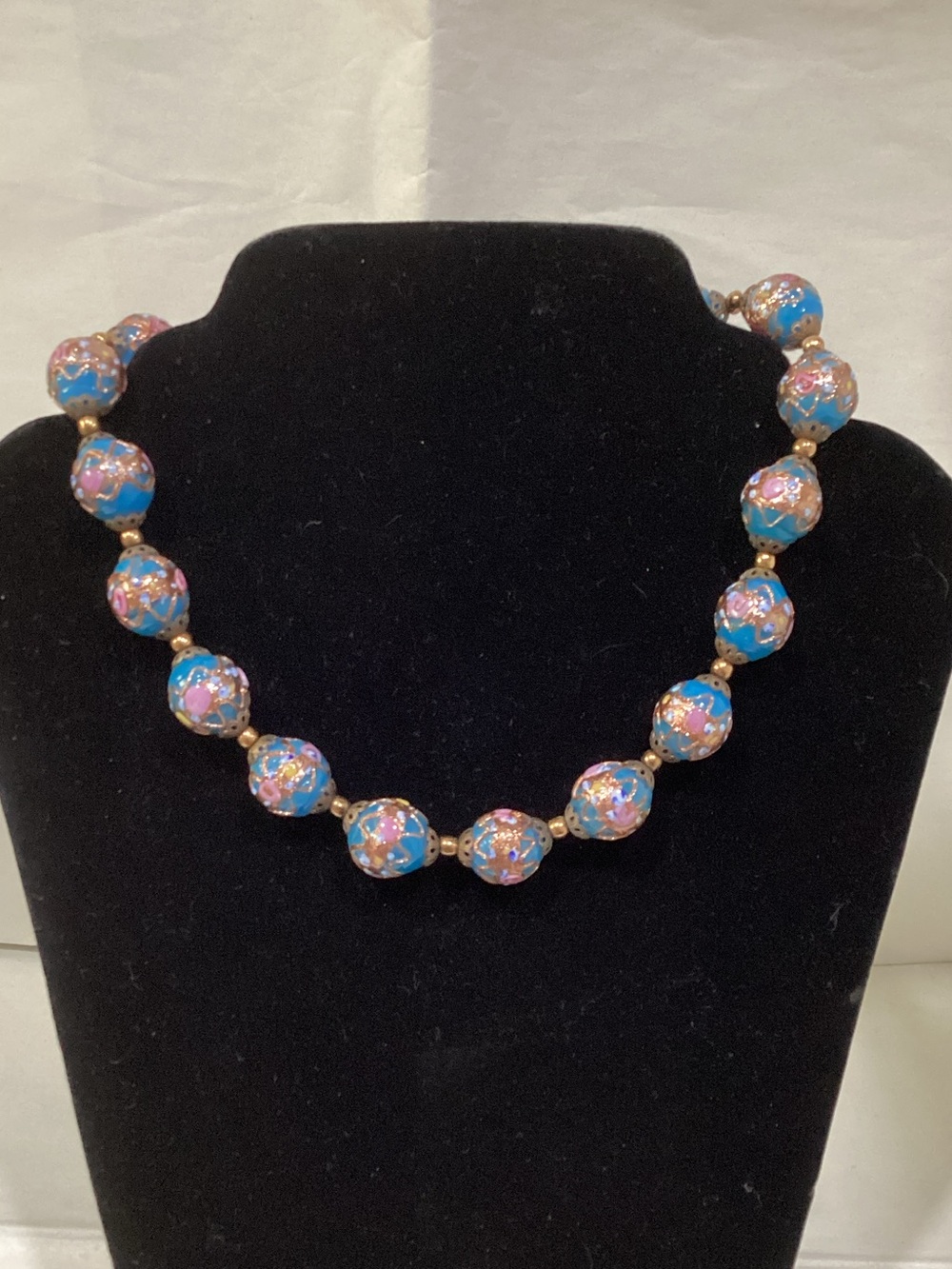 Blue and pink Bead Necklace with Gold Accents